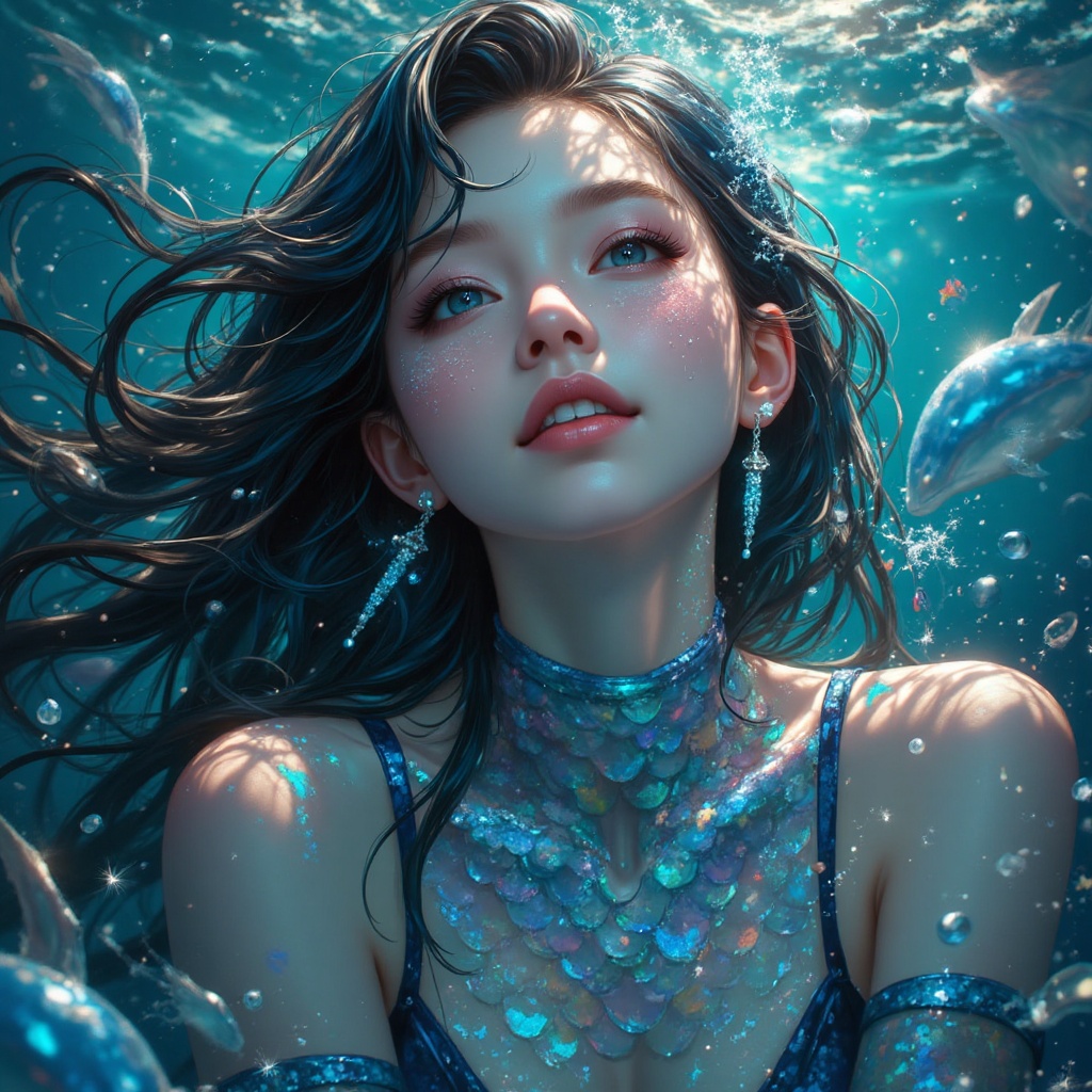 A dreamy fantasy illustration of a woman with shimmering scales on her skin,  zoom-in on her mysterious smile,  as she eme...