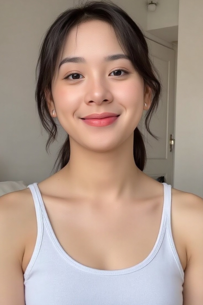 close-up of an Asian female model's face with brown eyes and pink lips,  wearing a tight white **** top,  hair tied in a p...
