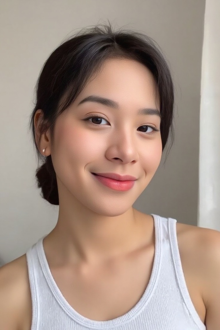 close-up of an Asian female model's face with brown eyes and pink lips,  wearing a tight white **** top,  hair tied in a p...