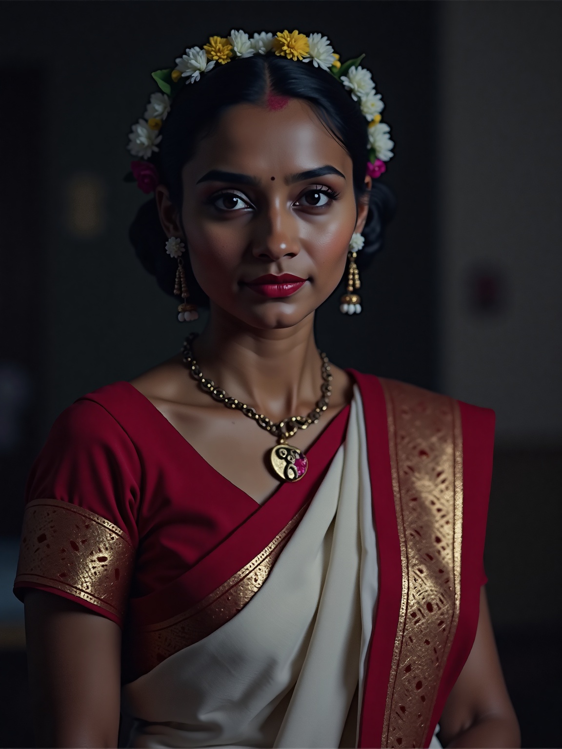 A portrait of a Indian woman. She is dressed in a red and white saree with gold embroidery on the blouse. The saree is dra...