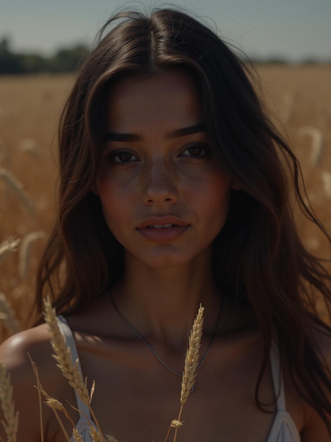 A young woman with long,  dark hair gazes intently into the camera,  surrounded by a golden wheat field. The soft sunlight...