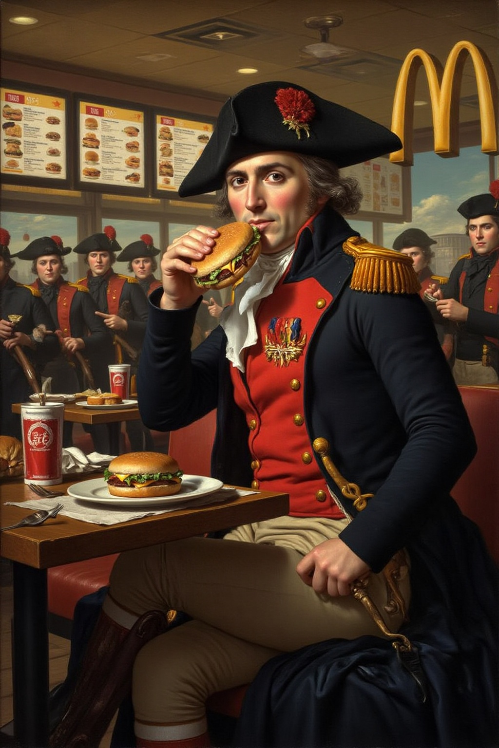 jldavid1 painting Napoleon Bonaparte,  depicted in his iconic full military uniform complete with a richly adorned jacket,...