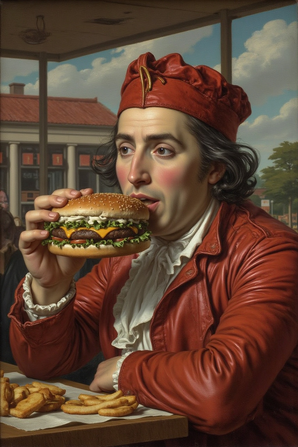 jldavid1 painting Napolean eating a big Mac at a MacDonald Fast Food location. on Tensor.Art