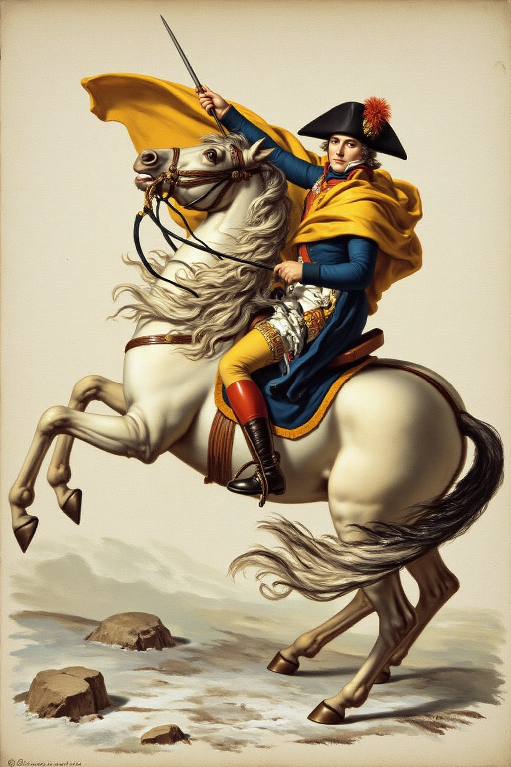 jldavid1 painting Napoleon Bonaparte,  the French military and political leader,  riding a white horse in a dramatic on Te...