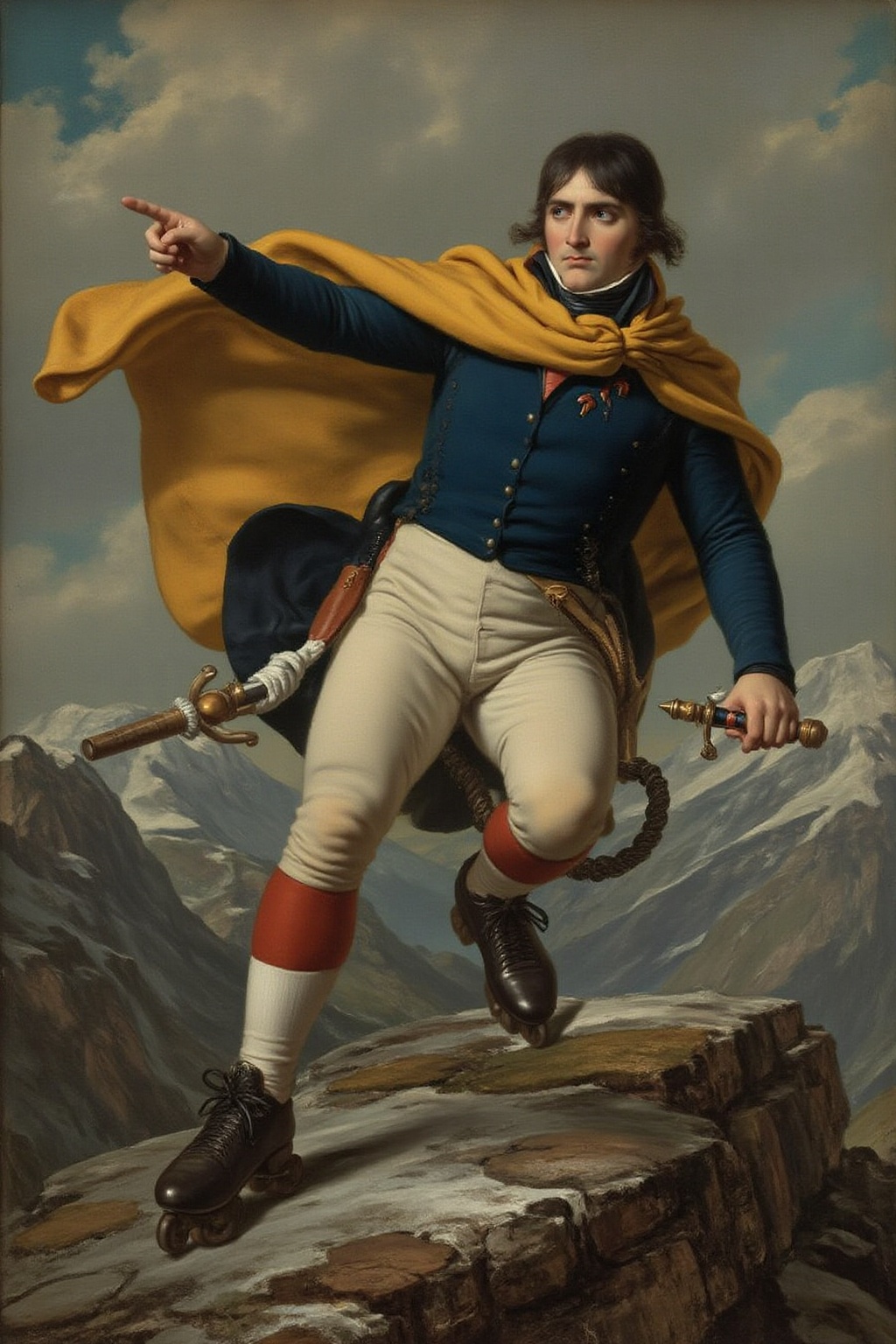 jldavid1 painting Napoleon Bonaparte,  crossing the alps on rollerblade in a dramatic,  dynamic pose. Napoleon is dressed...