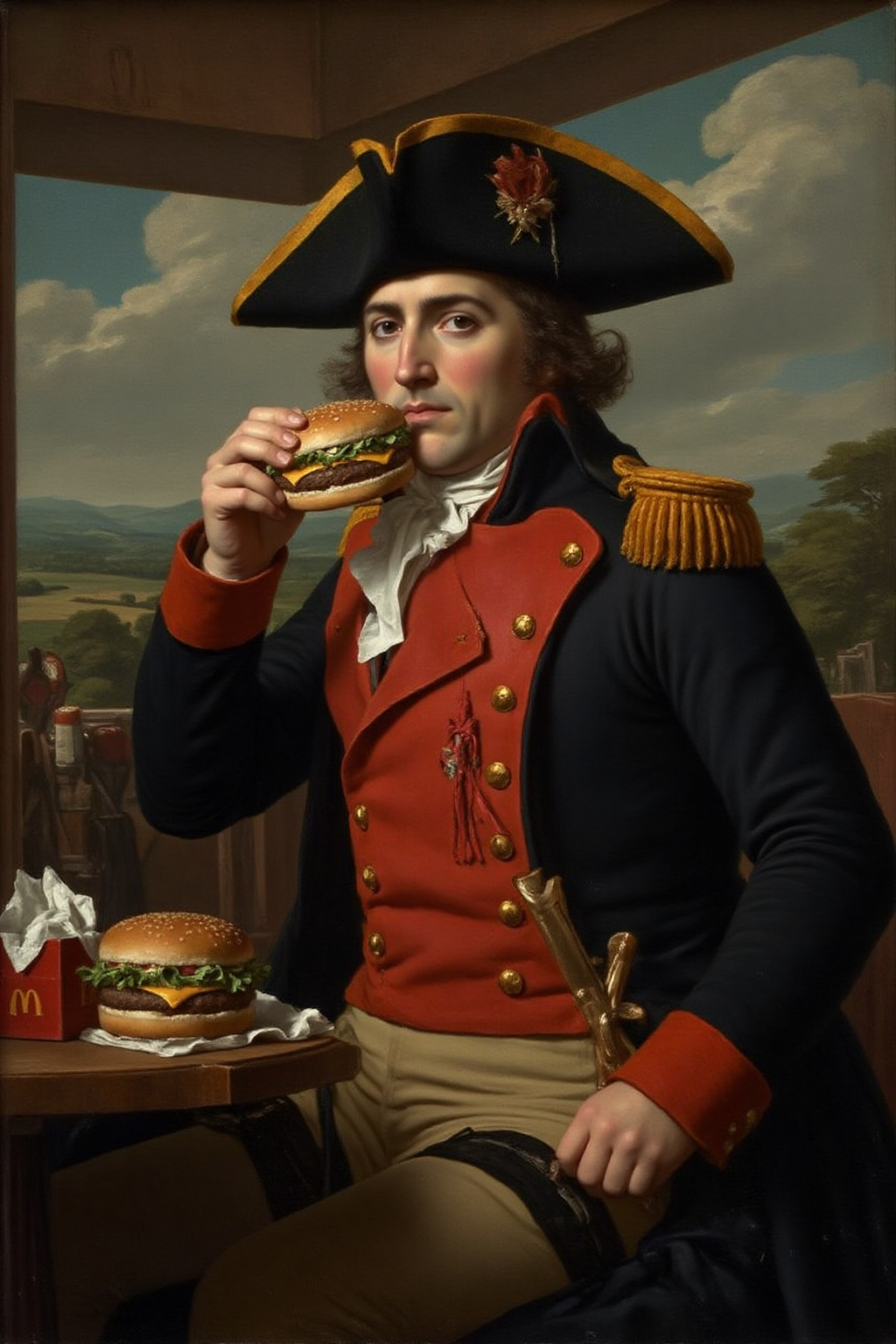 jldavid1 painting Napoleon,  in full military uniform and a tricorn,  eating a big Mac at a MacDonald Fast Food location....