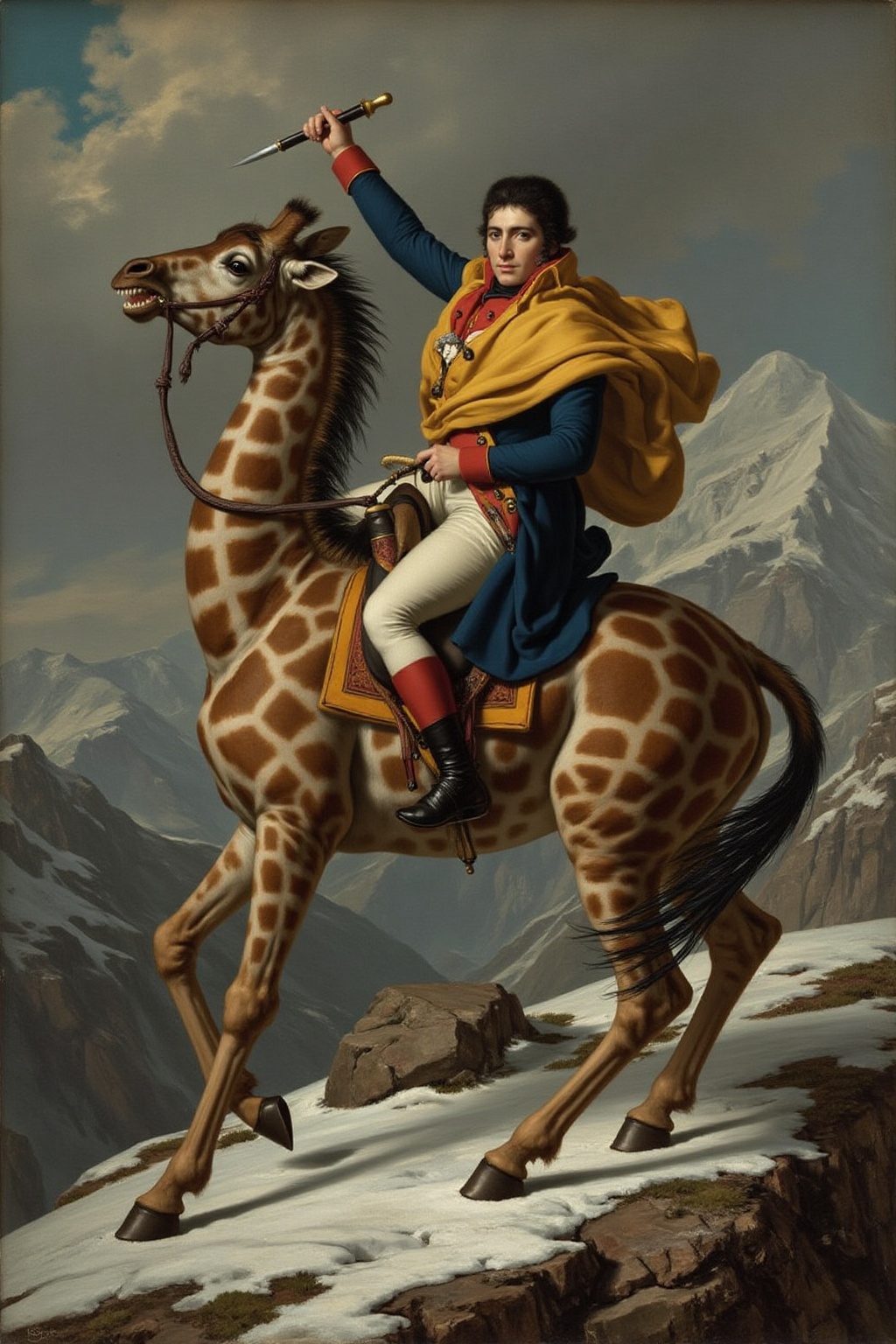 jldavid1 painting Napoleon Bonaparte,  crossing the alps on a giraffe in a dramatic,  dynamic pose. Napoleon is dressed in...