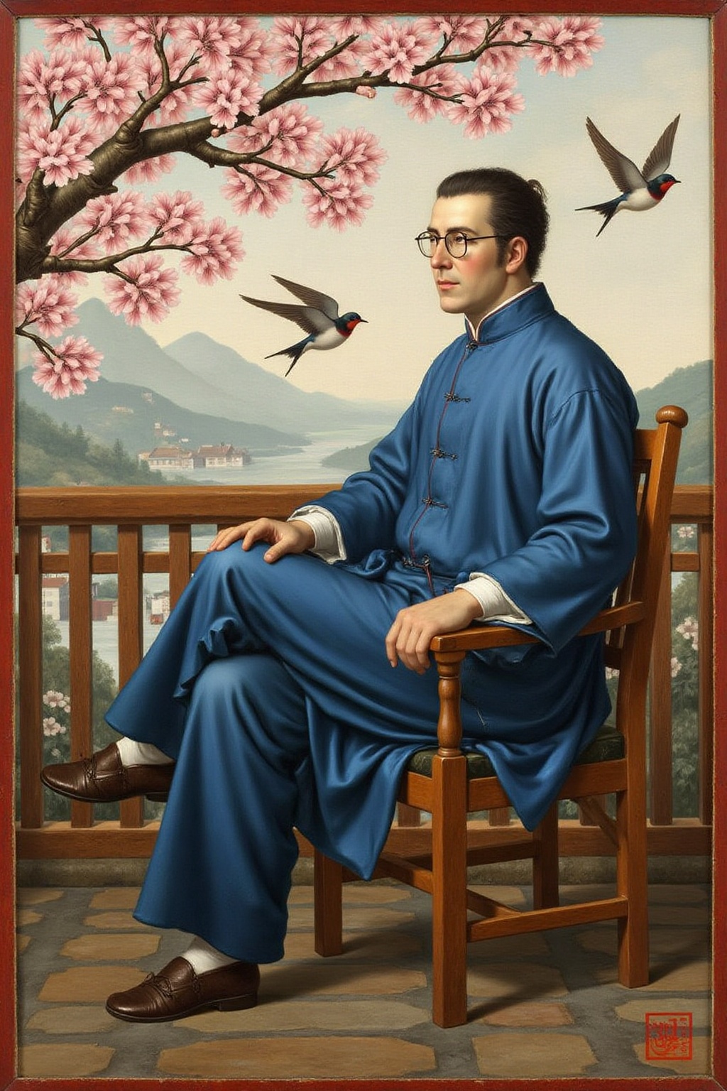 jldavid1 painting A man sitting on a wooden chair on a balcony. The man wears glasses and a blue traditional Chinese robe....