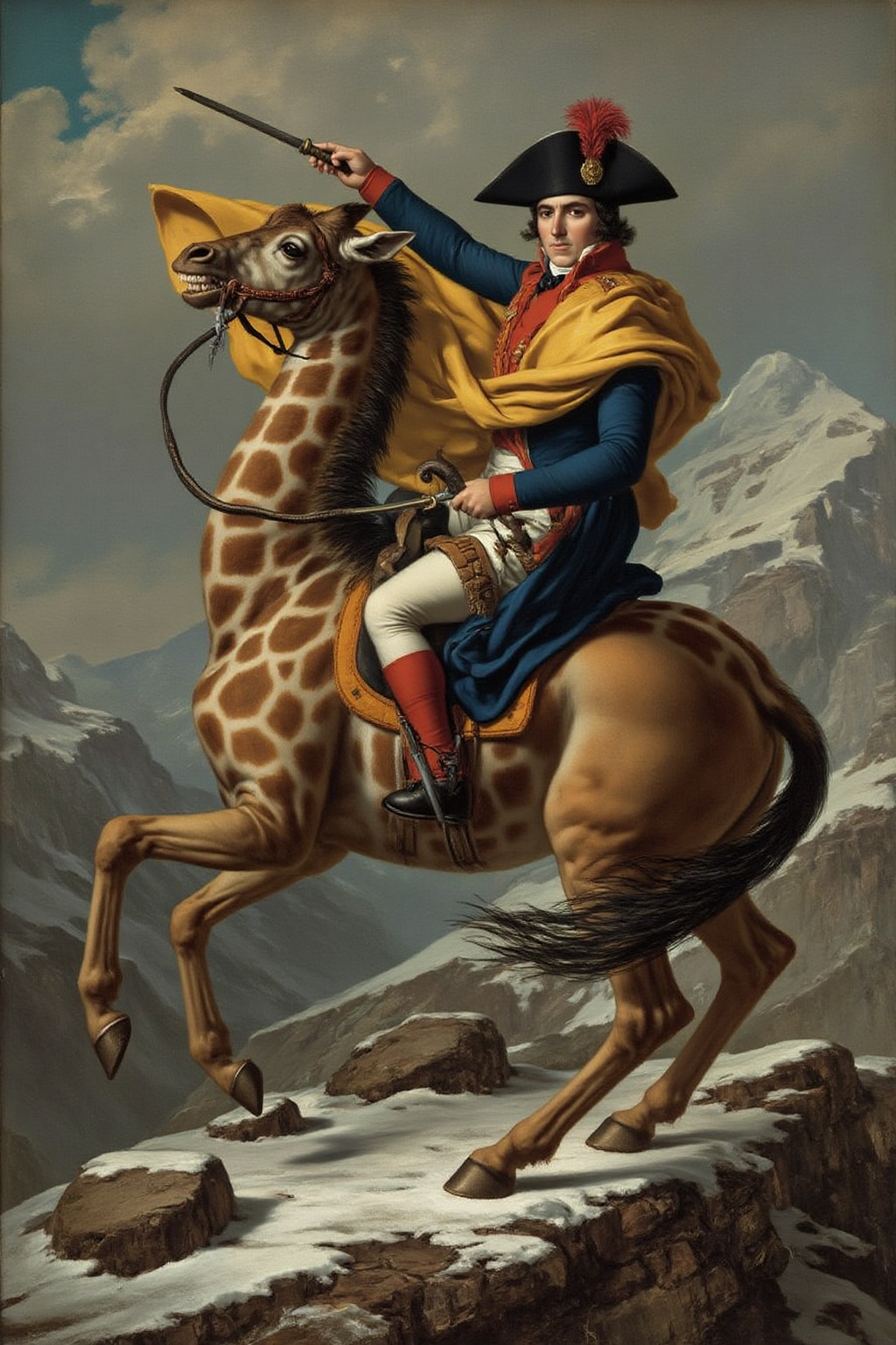 jldavid1 painting Napoleon Bonaparte,  crossing the alps on a giraffe in a dramatic,  dynamic pose. Napoleon is dressed in...