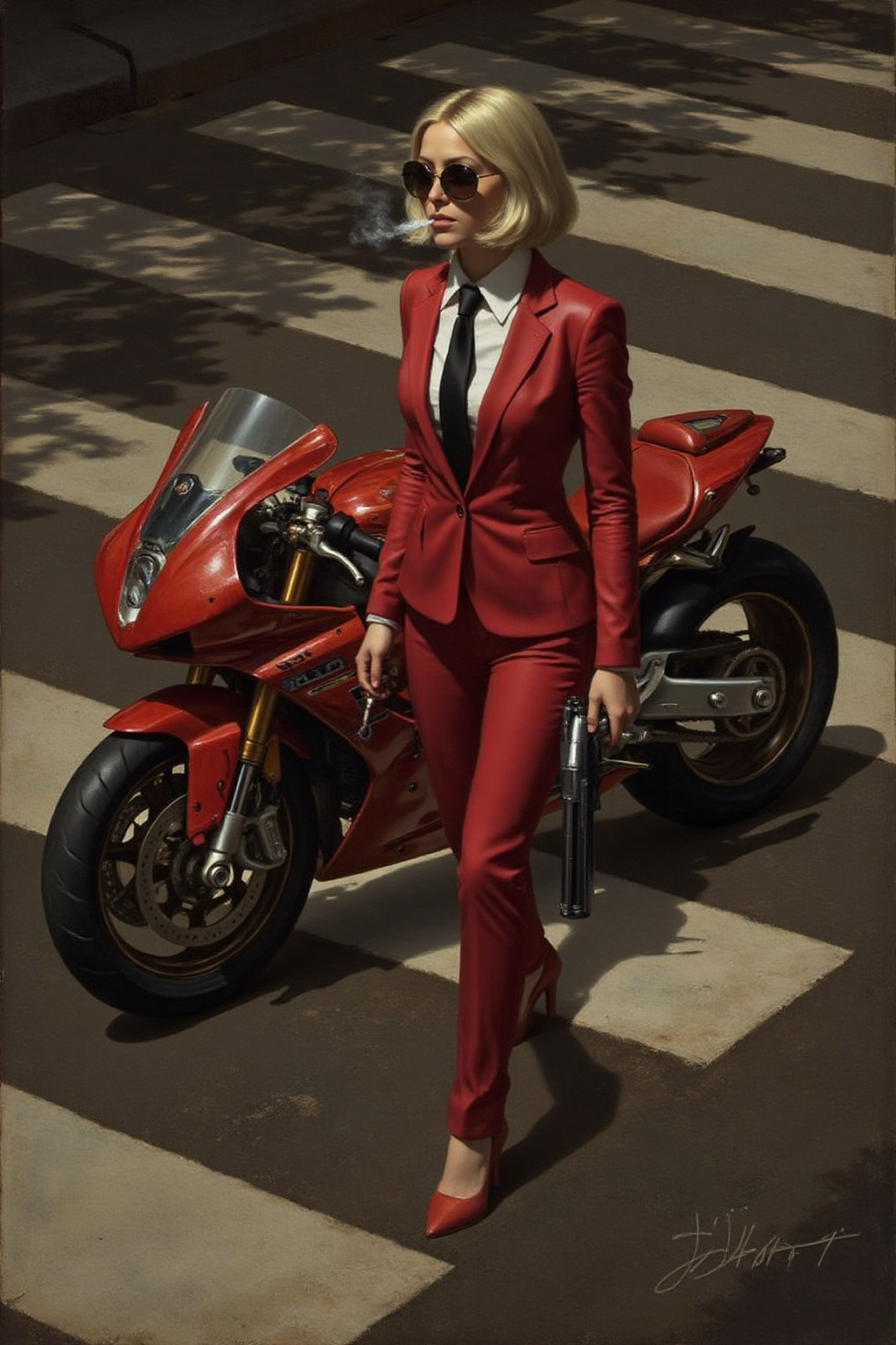 jldavid1 painting Overhead shot of an Blonde woman walking away from a futuristic motorcycle parked at a zebra crossing. T...
