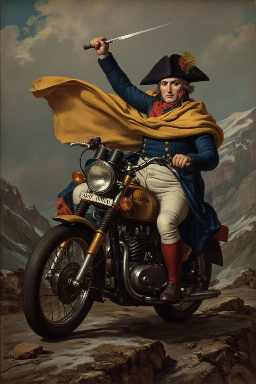 jldavid1 painting Napoleon Bonaparte,  crossing the alps in a motorcycle in a dramatic,  dynamic pose. Napoleon is dressed...
