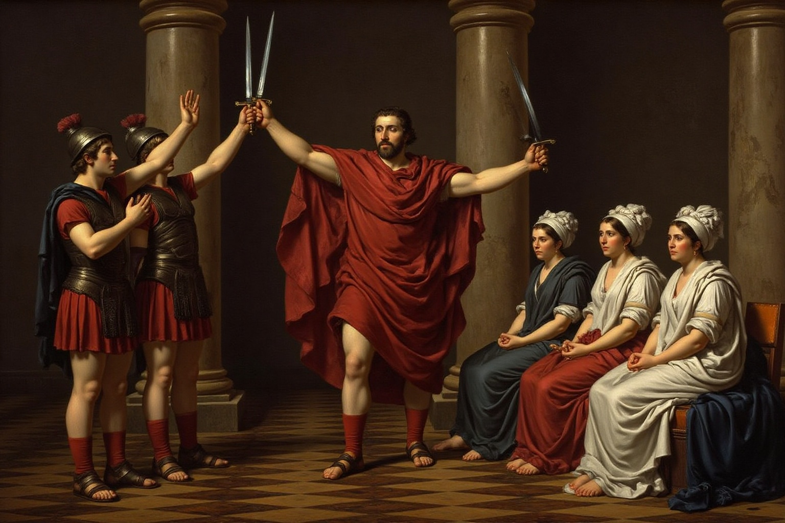 jldavid1 painting A neoclassical painting-style scene inspired by The Oath of the Horatii (1784) by Jacques-Louis David. T...