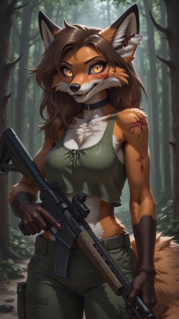 Maisy Fluffs,  a foxy girl with no collar,  stands amidst eerie surroundings. Her scarred cheek and body tell tales of a t...
