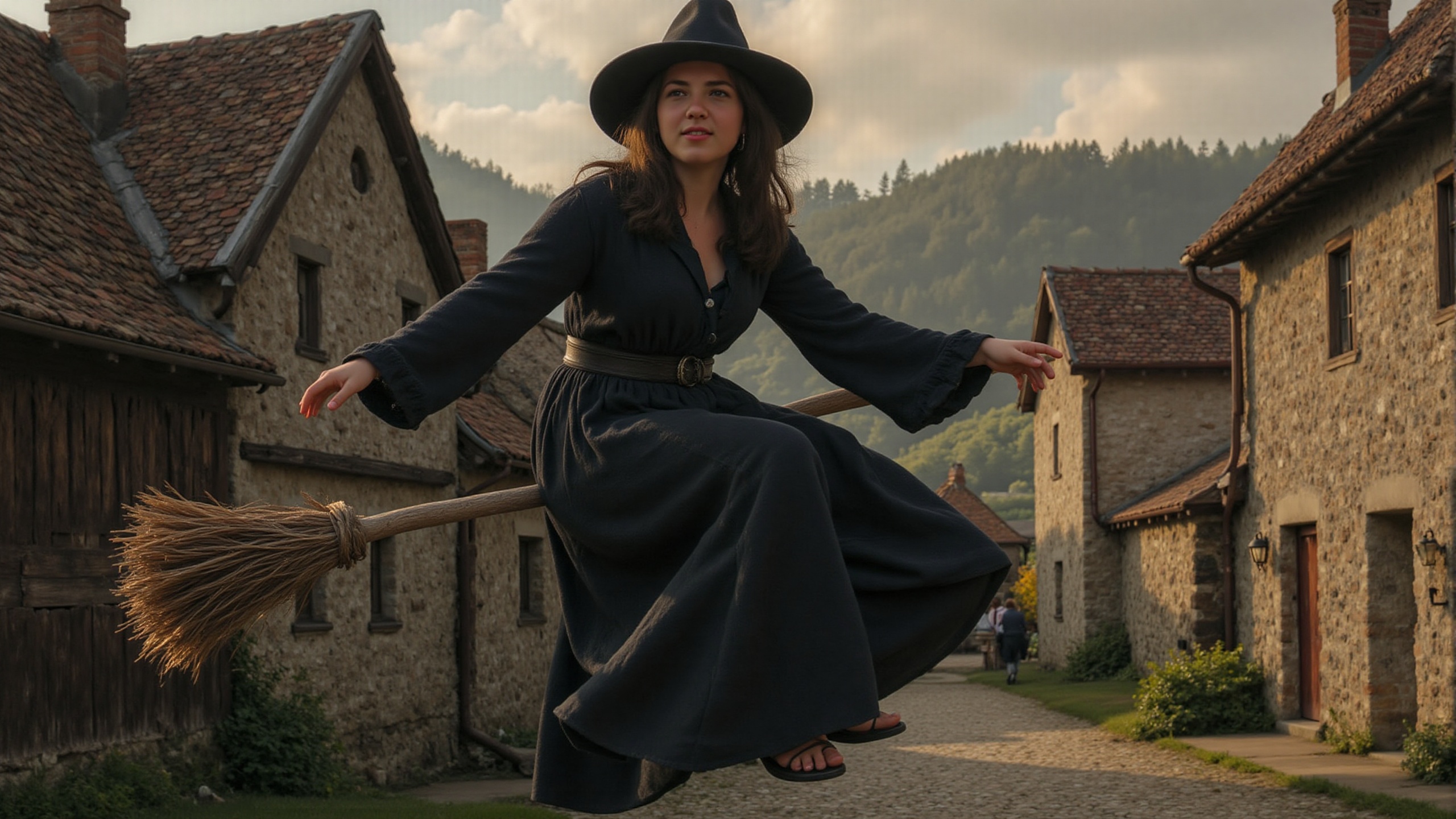 A photo of Susi-v2_5a in a flowing witch's robe,  riding a broomstick mid-air,  soaring over an old town with cobblestone...