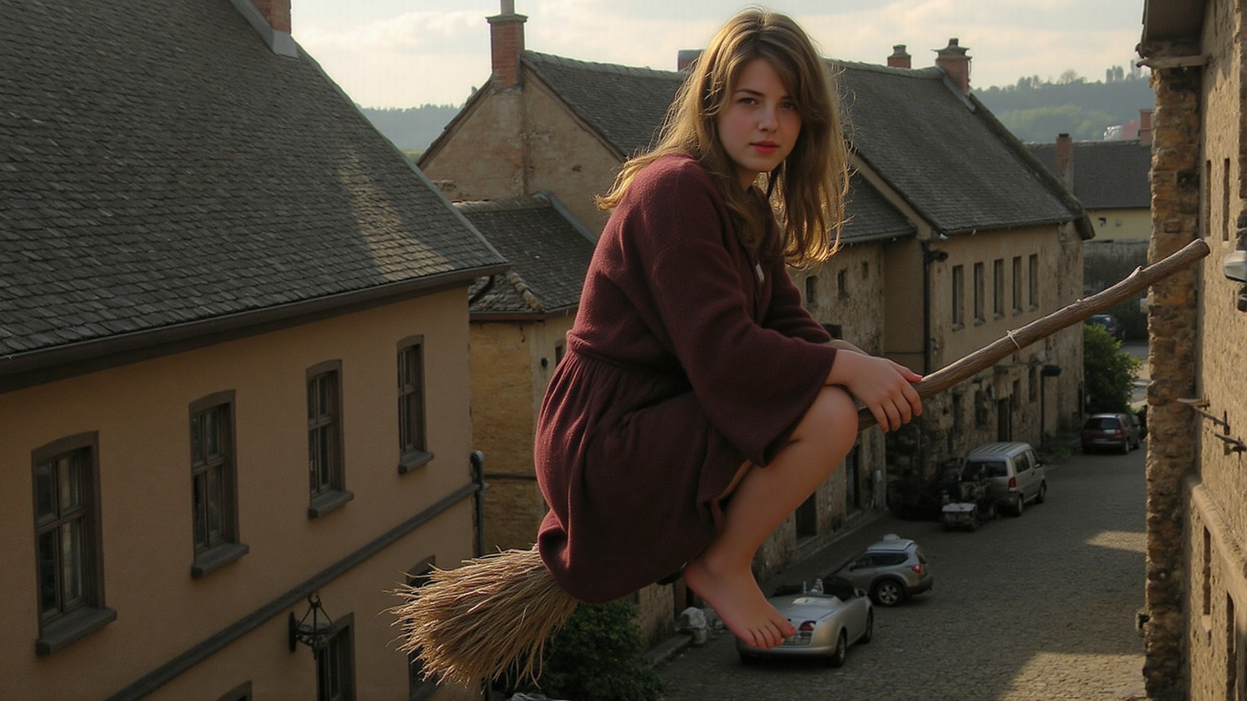 Susie-v2_5a's flowing witch's robe billows in the wind as she soars mid-air on a broomstick above an old town with cobbles...
