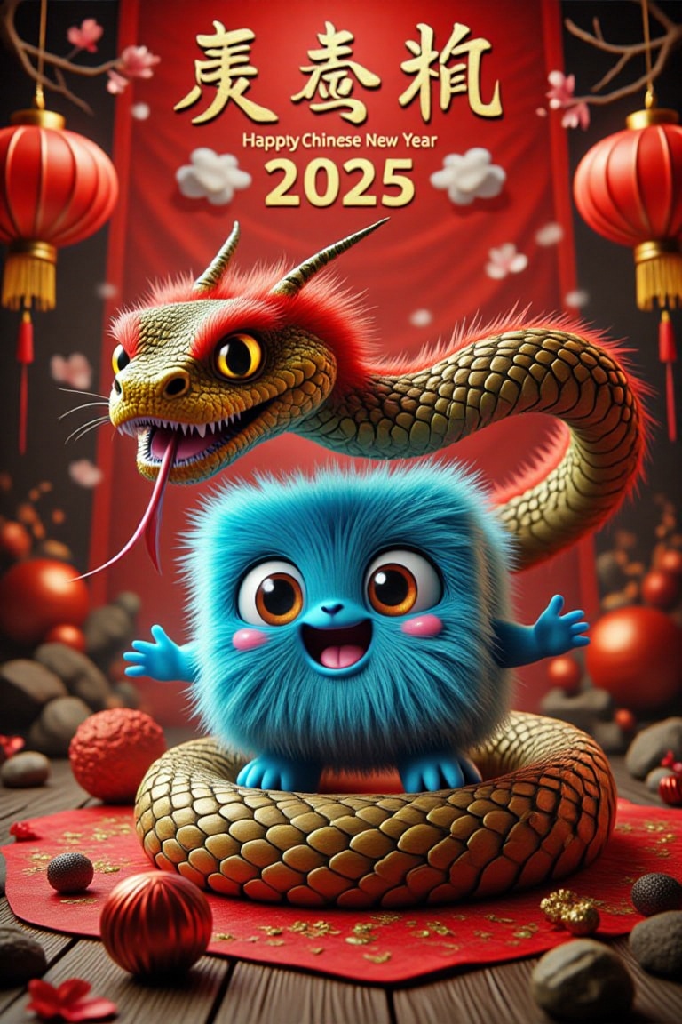 A vibrant Chinese New Year poster celebrating the Year of the Snake like-python. The centerpiece features a cute,  square-...