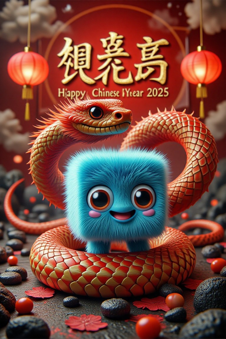 A vibrant Chinese New Year poster celebrating the Year of the Snake like-python. The centerpiece features a cute,  square-...