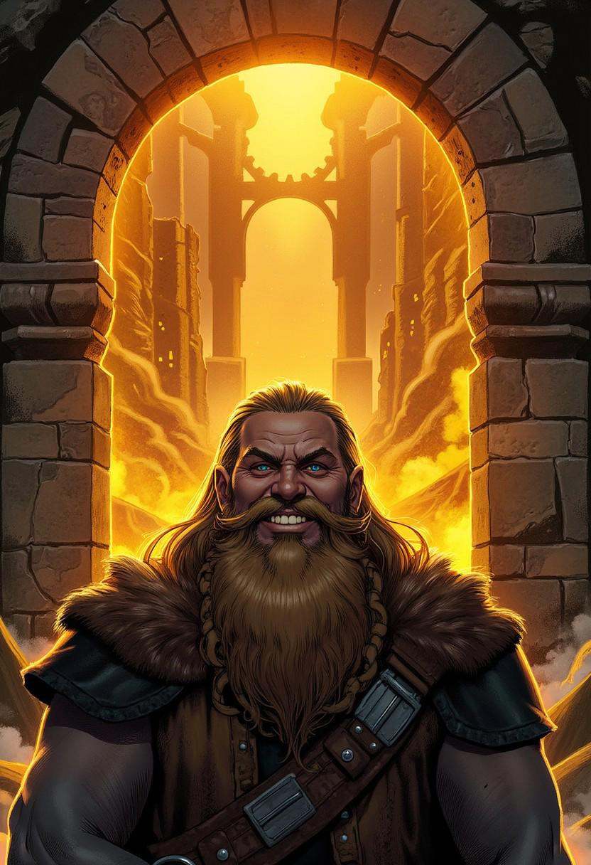 A 2d European comicbook illustration with strong lineart of a proud dwarven warrior in a close-up shot,  beaming with conf...
