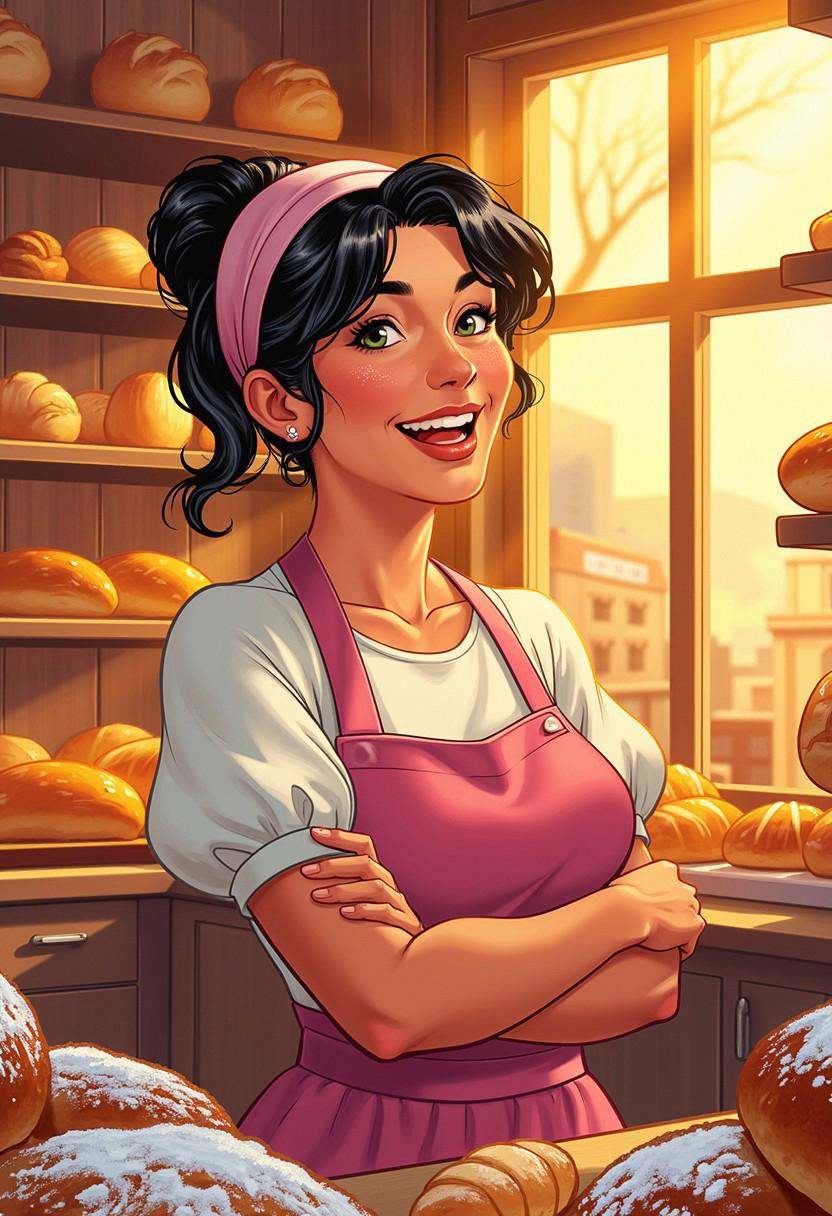 (A 2D European comic book illustration with clearly recognizable line art of a joyful baker laughing heartily in a close-u...