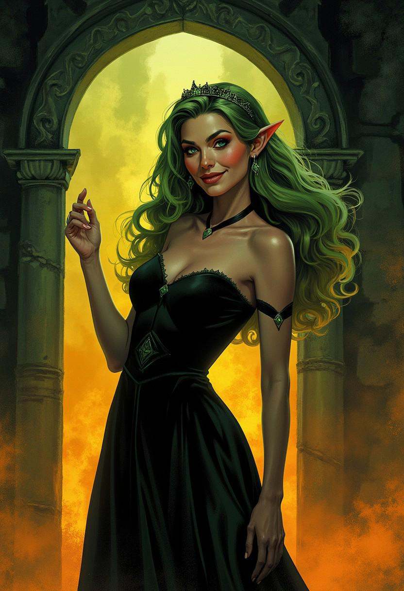 An intricate fantasy illustration with a fine lineart of an elven princess in a full zoom close-up. She's long curly green...