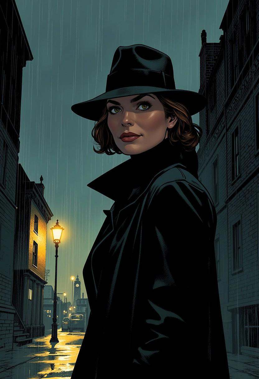 A 2D European comic book illustration with clearly recognizable line art of a mysterious detective with a focused look in...