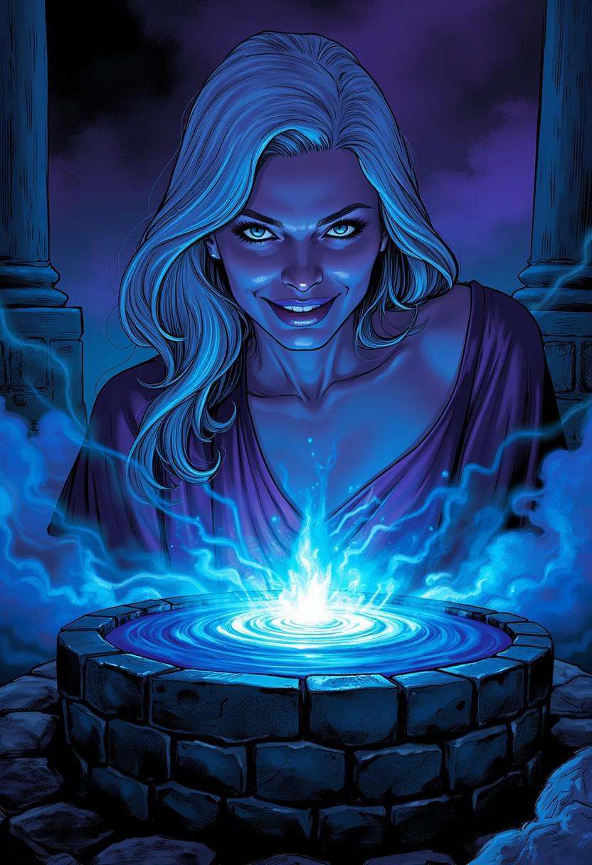 (A 2d European comicbook illustration with clearly recognizable lineart of a mysterious sorceress smiling slyly in a close...