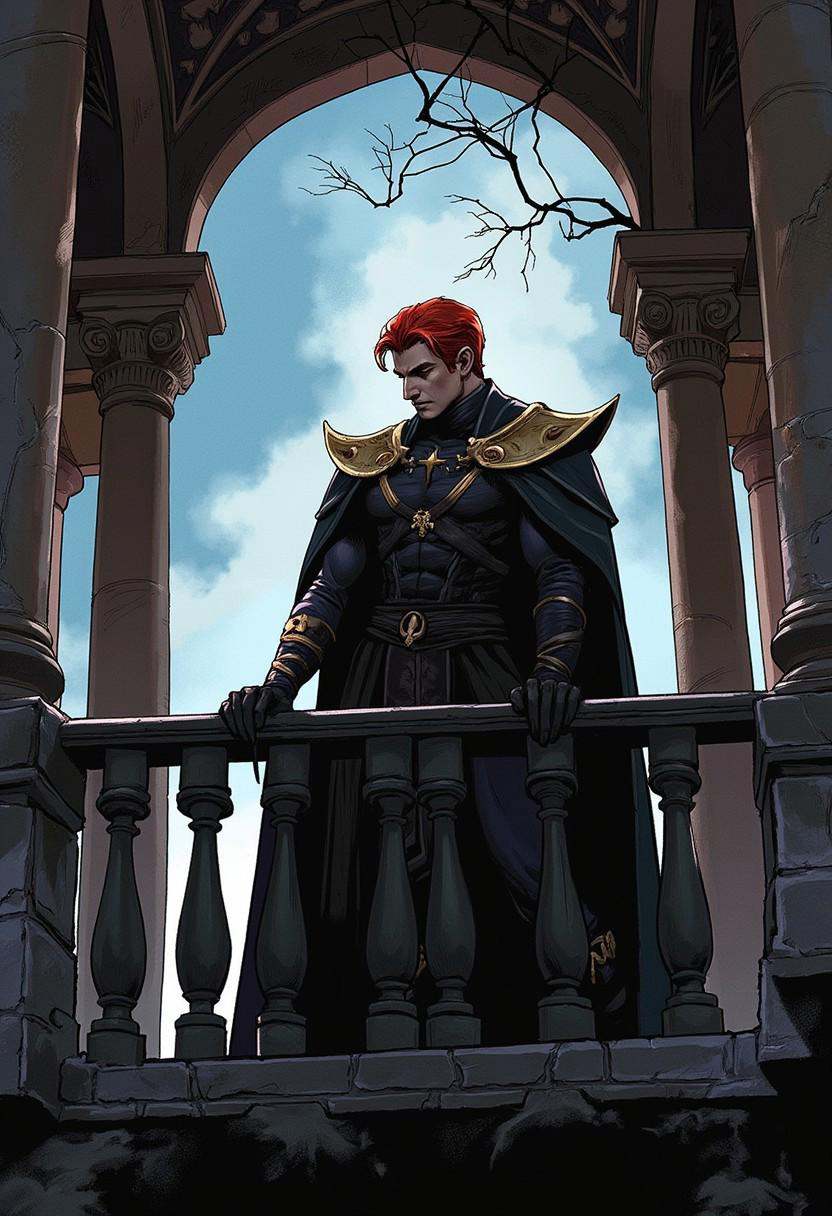 A realistic fantasy comickbook illustration of an attractive dark elf looking down from a balcony. The character is seen f...