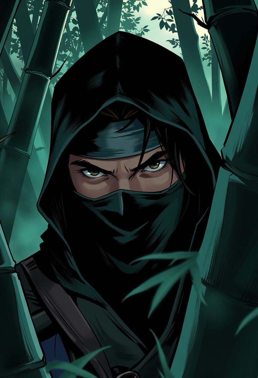 A 2D European comic book illustration with clearly recognizable line art of a stealthy ninja with an intense gaze in a clo...