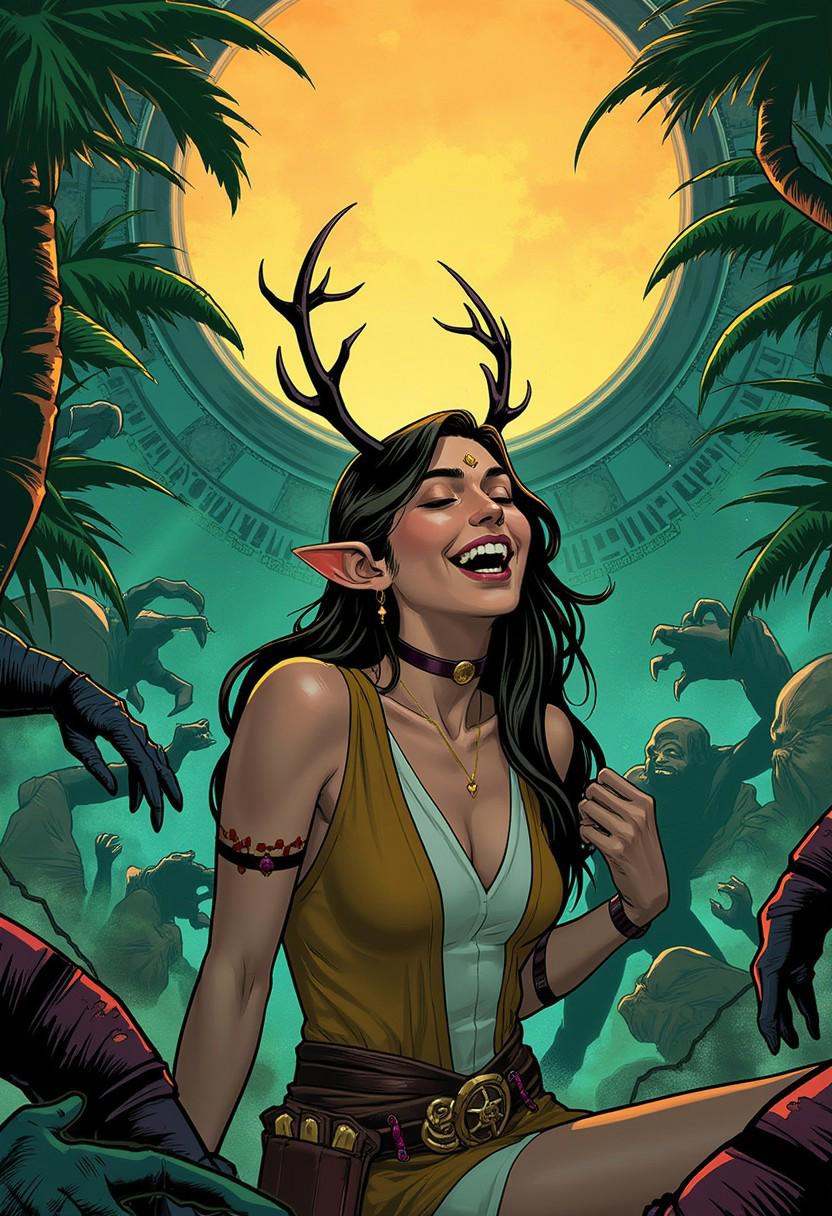 A 2d comicbook illustration with clearly recognizable lineart of a elven princess laughing and showing her teeth in a full...