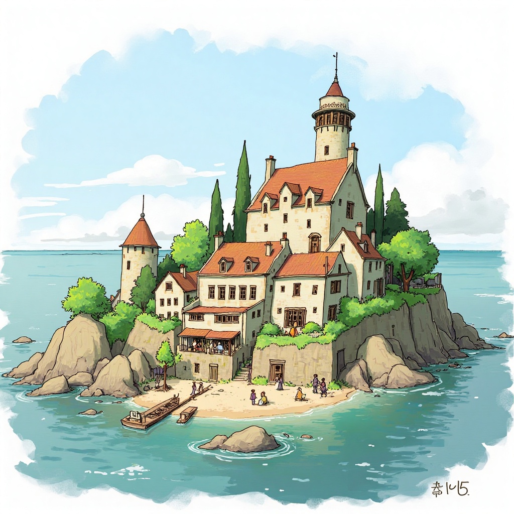 Drawing cartoon of island city. on Tensor.Art