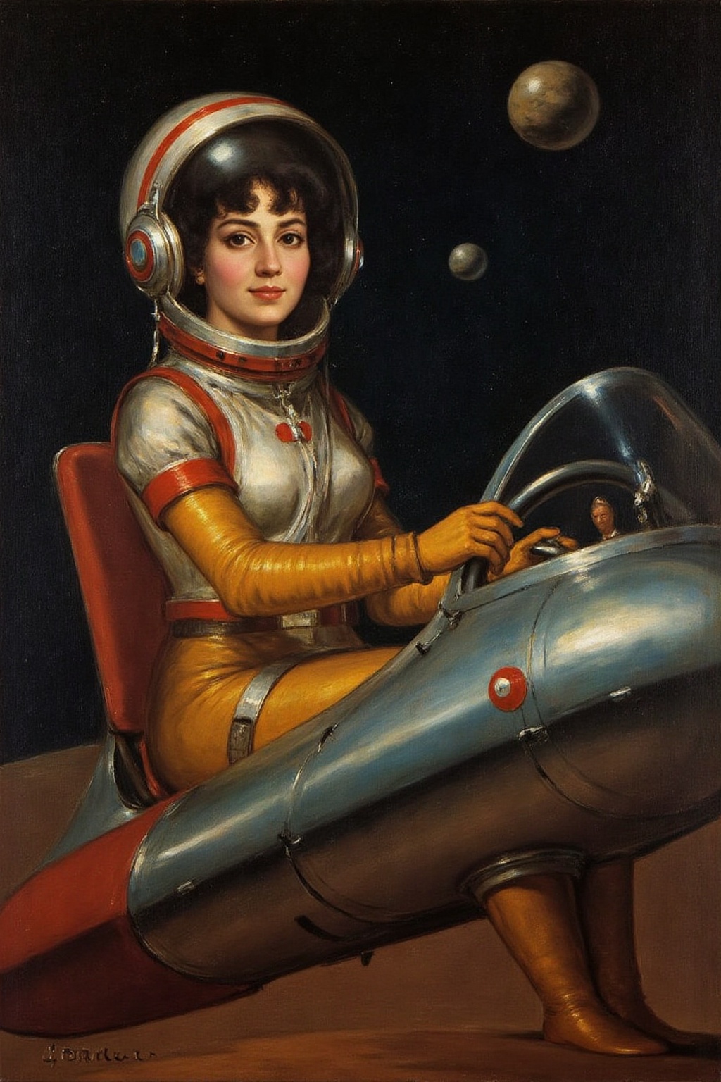 g0ya1 painting a woman wearing a futuristic yet retro spacesuit sitting inside a retro chrome spacecraft,  confidently pil...