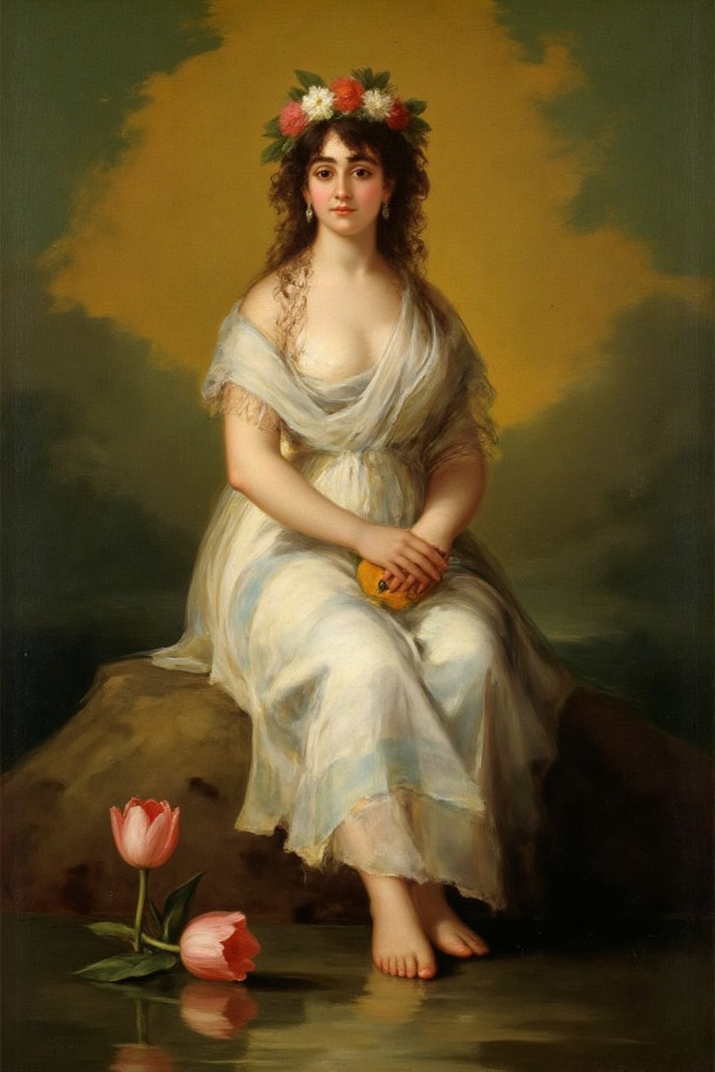 g0ya1 painting a woman in a white dress,  adorned with a flower crown,  sits on a rock. The woman's body is draped in a fl...