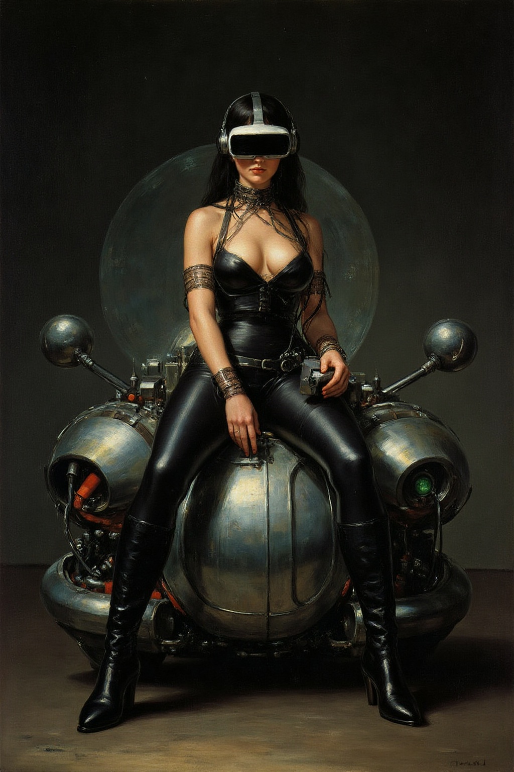 g0ya1 painting A striking,  futuristic scene depicts a woman dressed in sleek,  form-fitting leather attire on Tensor.Art