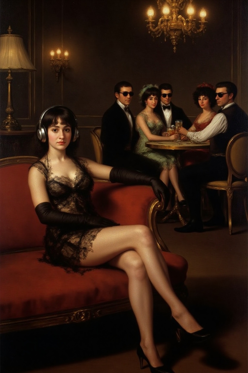 g0ya1 painting A luxurious,  dimly lit lounge set in 1970s Italy,  exuding vintage charm and opulence. A stylish young wom...
