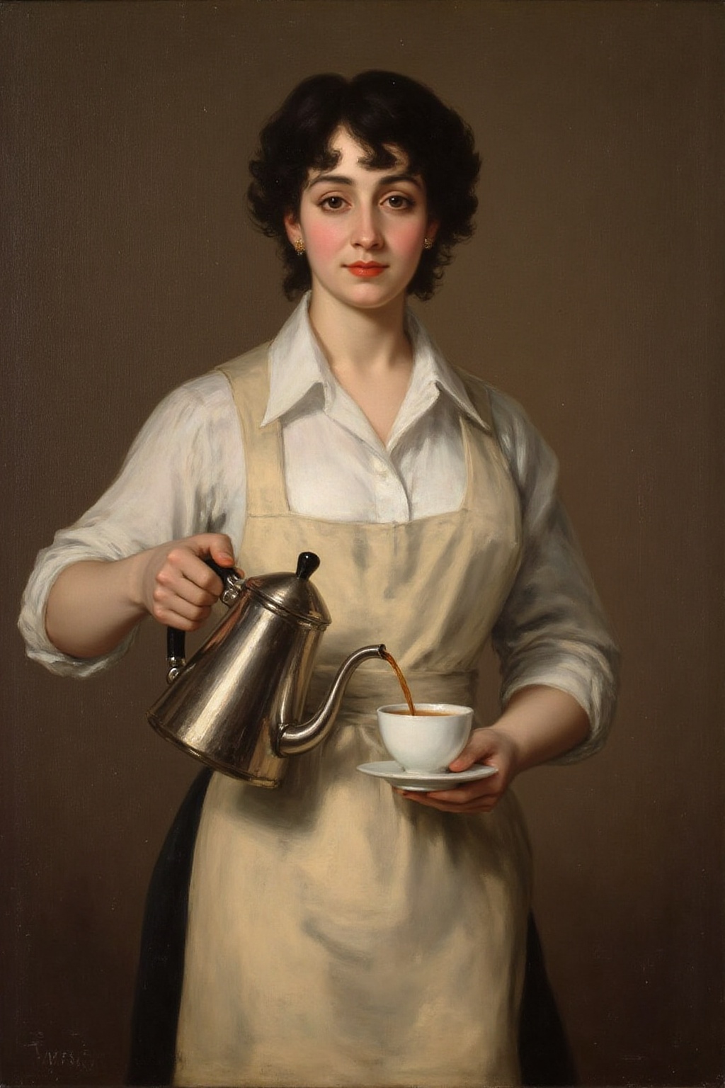 g0ya1 painting A young woman with classic British makeup,  bold eyeliner and red lipstick,  stands confidently in a crisp...