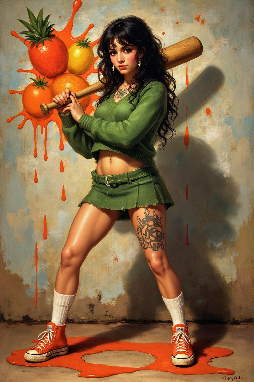 g0ya1 painting liquid splash,  cartoonish juicy fruits chaos,  dynamic pose on Tensor.Art