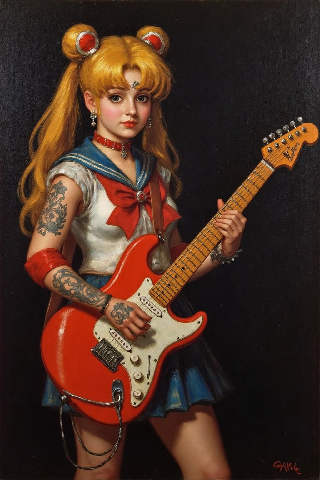 g0ya1 painting punk sailor moon playing a guitar at a heavy metal mosh pit,  tattoos,  piercing. on Tensor.Art