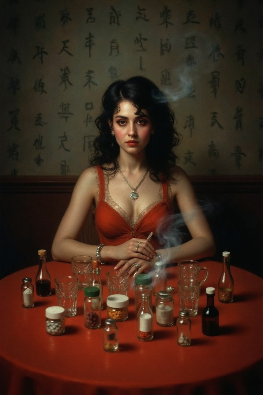 g0ya1 painting a cinematic,  surreal portrait of a woman seated at a cluttered red table,  surrounded by mirrored reflecti...