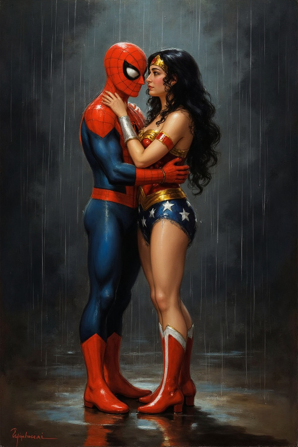 g0ya1 painting Spider-man and Wonder Woman embracing in the rain on Tensor.Art