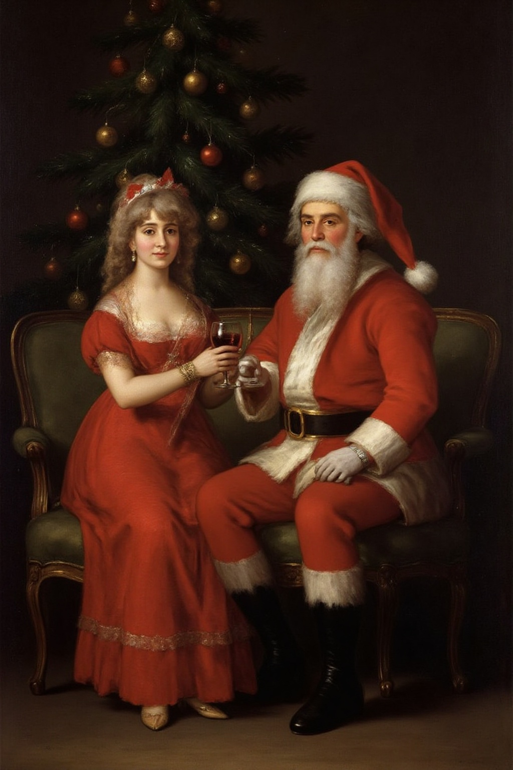 g0ya1 painting A blonde woman in a night gown,  sharing a glass of wine with Santa Claus under a Christmas Tree on Tensor.Art