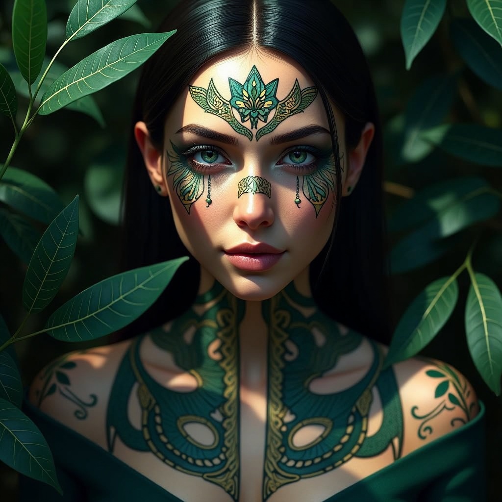 Craft a photorealistic portrait of an enigmatic oracle,  her mystical aura radiating through intricate ancient symbols tat...