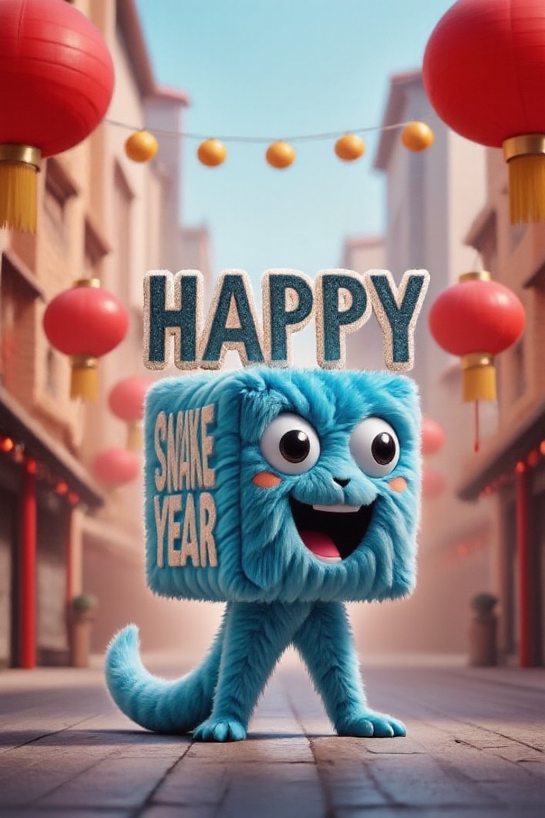 Tenten,  a svelte blue cube-shaped mascot with serpentine features,  slithers through vibrant streets amidst crimson lante...