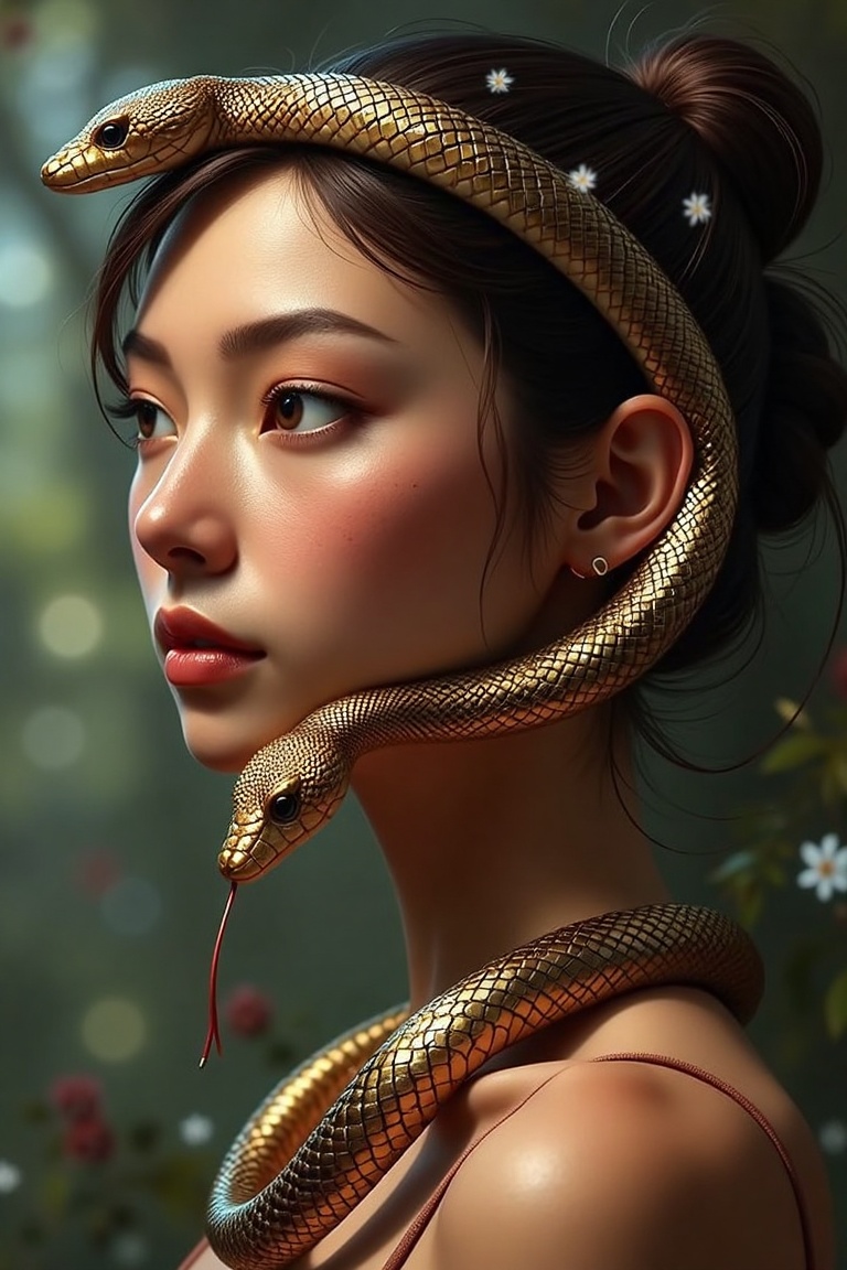 Craft a photorealistic portrait of a woman,  ,  snake style on Tensor.Art