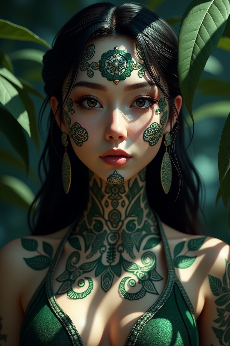 Craft a photorealistic portrait of an enigmatic oracle,  her mystical aura radiating through intricate ancient symbols tat...