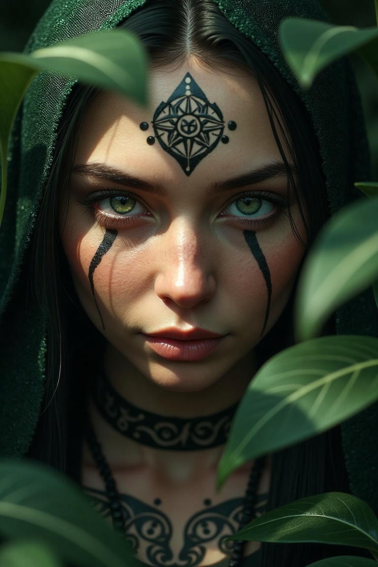Craft a photorealistic portrait of an enigmatic oracle,  her mystical aura radiating through intricate ancient symbols tat...