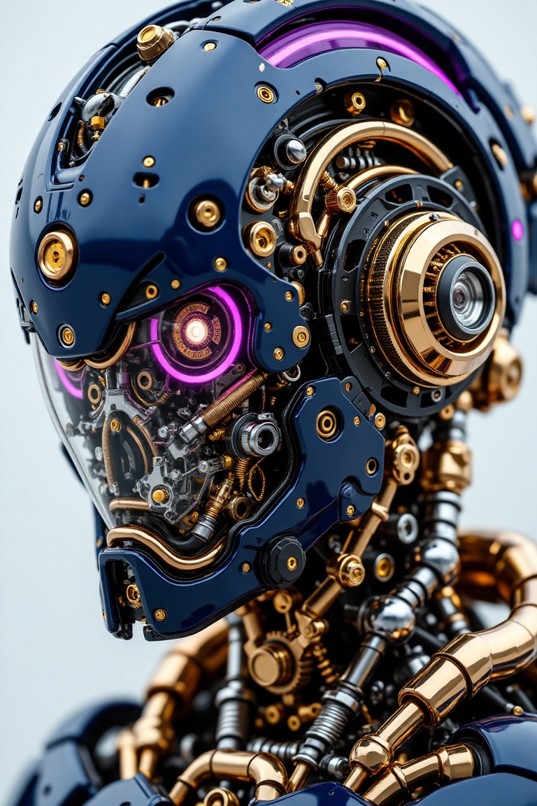 A hyperrealistic close-up of a futuristic humanoid robot with intricate mechanical details. The head features a high-tech...