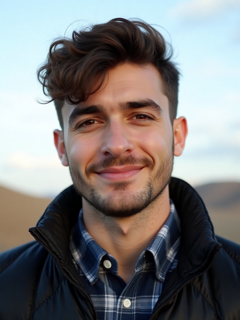 A close-up shot of a young man with dark brown hair and dark eyes,  is looking directly at the camera. He is wearing a bla...