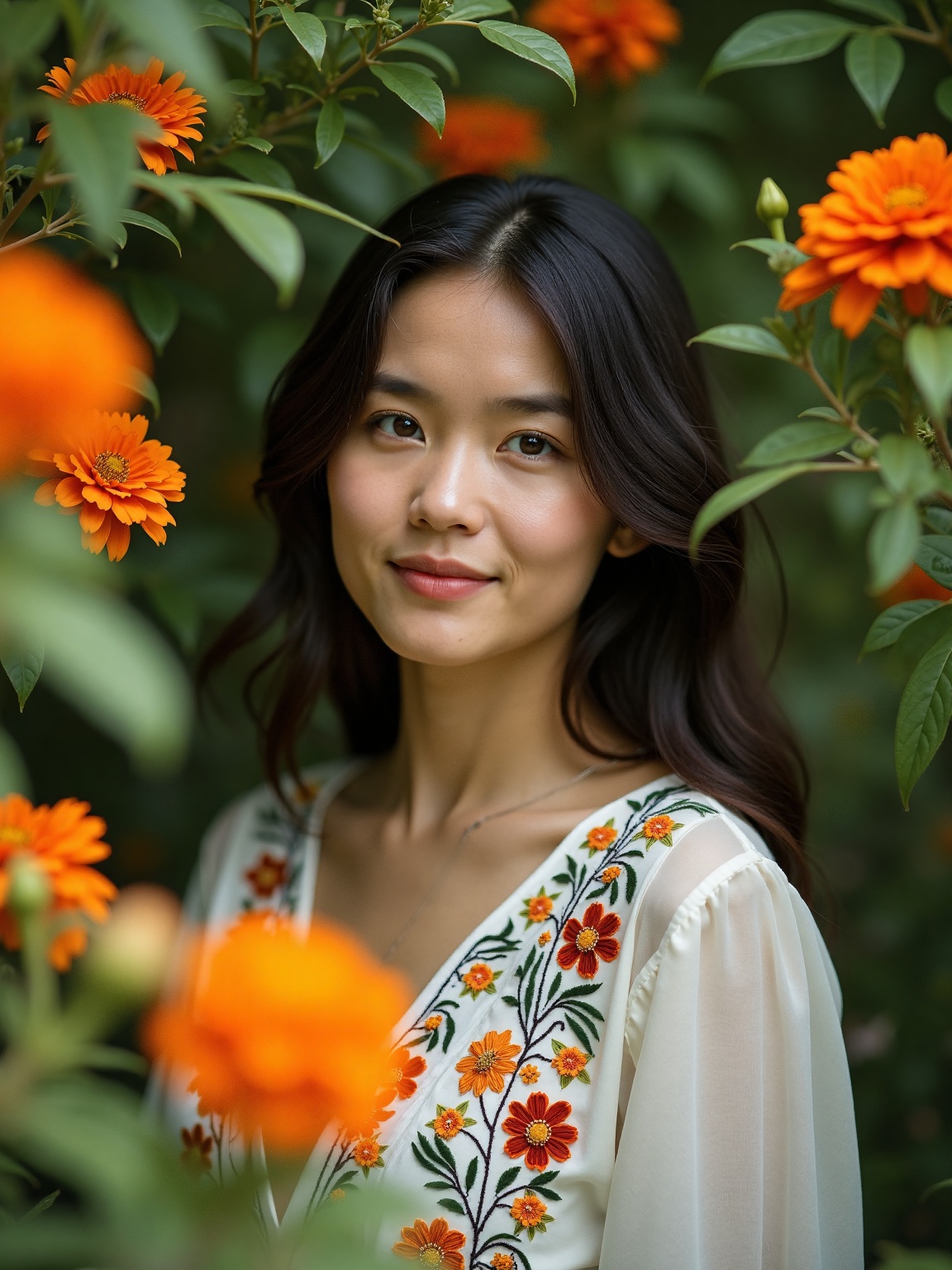 A woman stands amidst lush,  green foliage,  framed by vibrant orange and white flowers. Her dark hair contrasts with her...