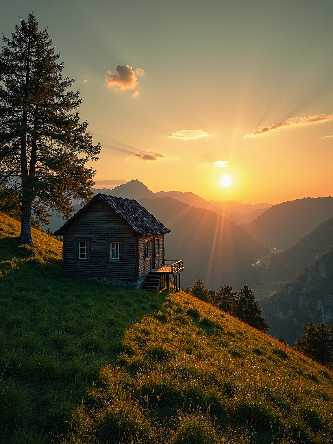 Captured at eye-level on a vibrant day,  a rustic wooden house stands on a hillside,  nestled in a lush green valley. The...