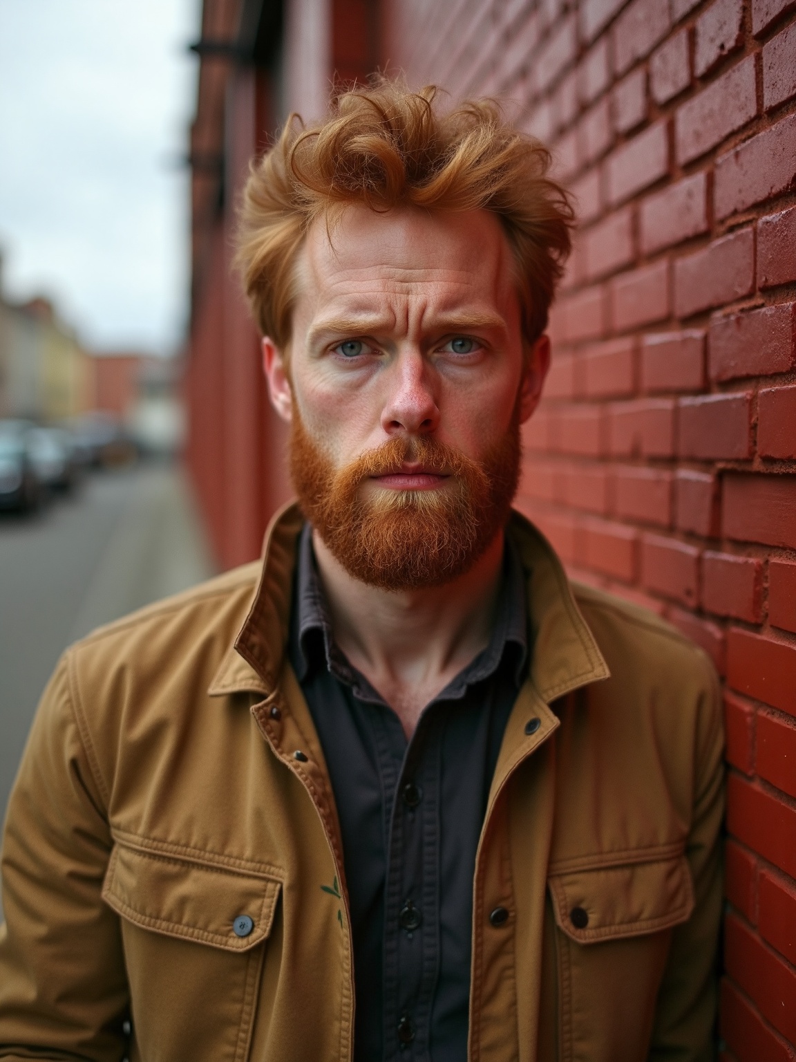 A solemn man stands against a red brick wall backdrop,  his tousled ginger hair and matching beard catching the light. His...